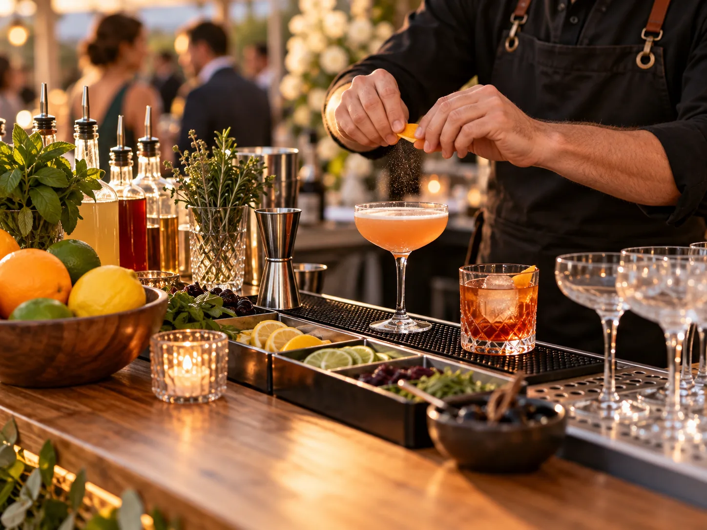 Close-up of a mobile bar cocktail setup